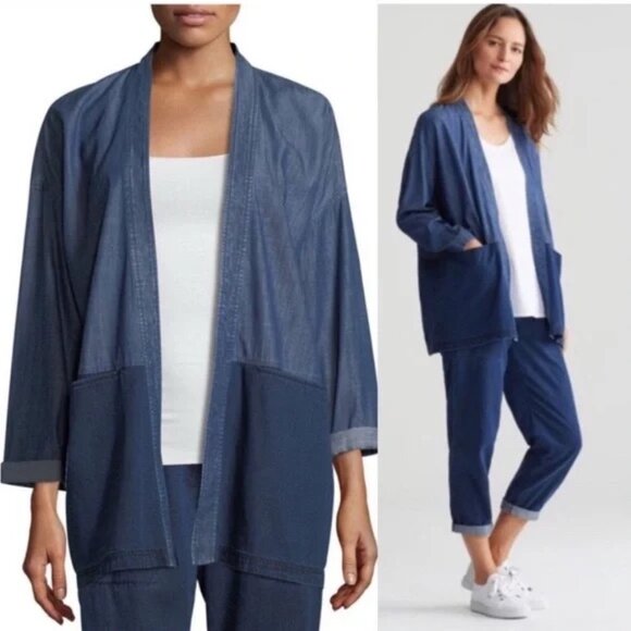 Eileen Fisher SP Dark Denim Oversized Open-Front Cotton Kimono Jacket - Picture 1 of 9